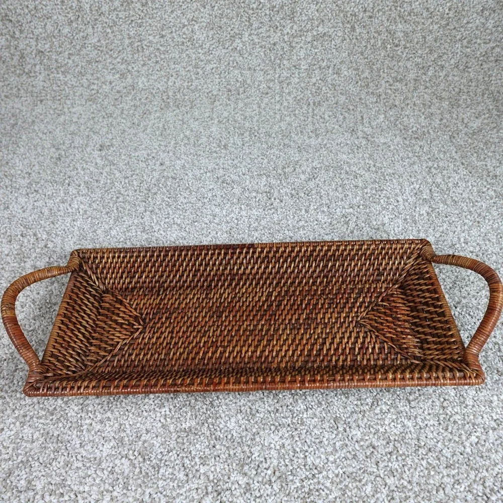 Pampered Chef Woven Selections Rattan Serving Tray Rectangular Brown Wood Base - Picture 1 of 9